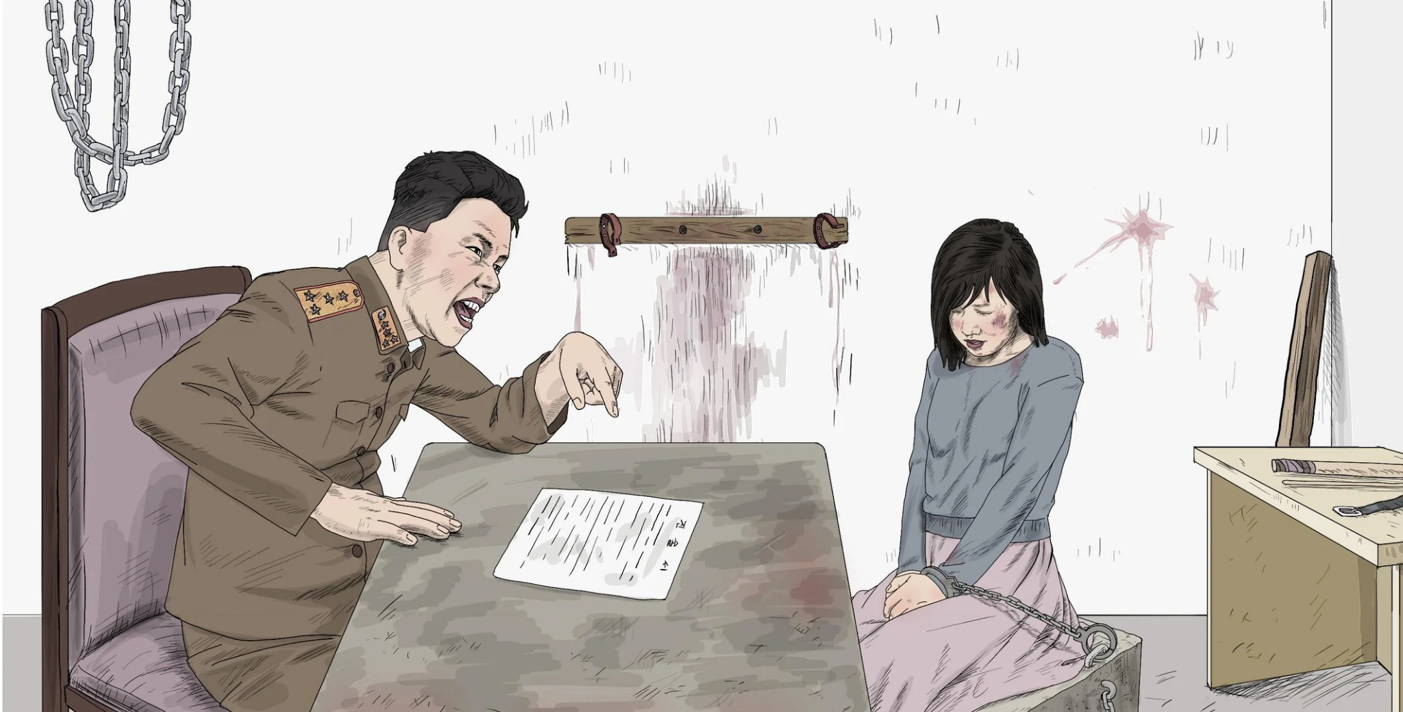 Допрос в северокорейской тюрьме (по мнению западных художников) 